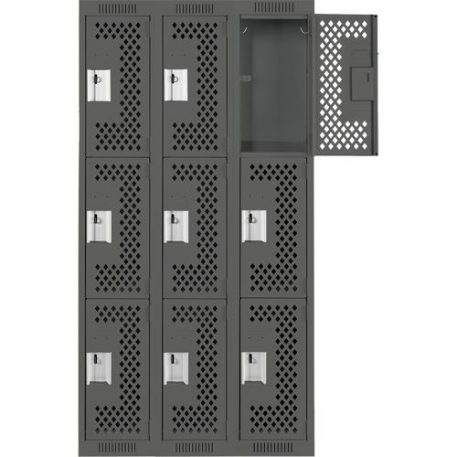 Clean Line Lockers, 3 -tier, Bank of 3, 36" x 12" x 72", Steel, Charcoal, Rivet (Assembled), Perforated Cam Industrial