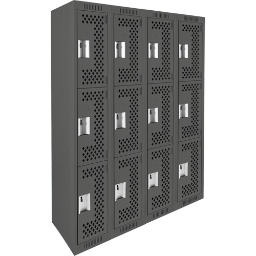 Clean Line Lockers, 3 -tier, Bank of 4, 48" x 12" x 72", Steel, Charcoal, Rivet (Assembled), Perforated Cam Industrial