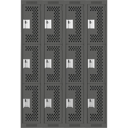 Clean Line Lockers, 3 -tier, Bank of 4, 48" x 12" x 72", Steel, Charcoal, Rivet (Assembled), Perforated Cam Industrial