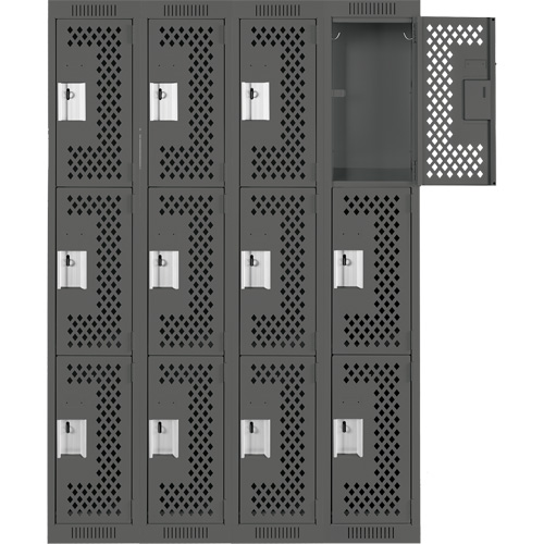 Clean Line Lockers, 3 -tier, Bank of 4, 48" x 12" x 72", Steel, Charcoal, Rivet (Assembled), Perforated Cam Industrial