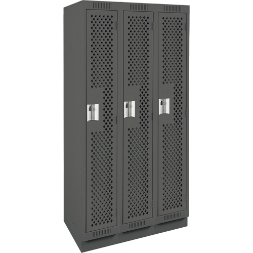 Clean Line Lockers, Bank of 3, 36" x 15" x 76", Steel, Charcoal, Rivet (Assembled), Perforated Cam Industrial