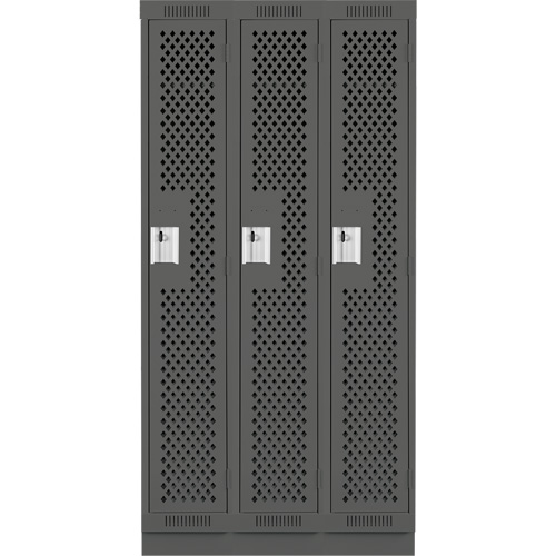 Clean Line Lockers, Bank of 3, 36" x 15" x 76", Steel, Charcoal, Rivet (Assembled), Perforated Cam Industrial