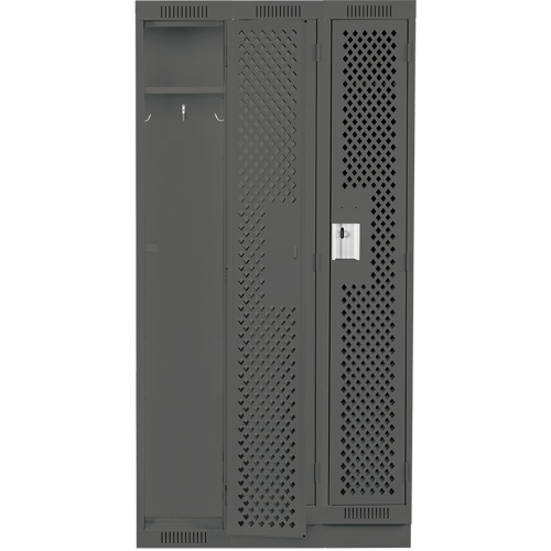 Clean Line Lockers, Bank of 3, 36" x 15" x 76", Steel, Charcoal, Rivet (Assembled), Perforated Cam Industrial