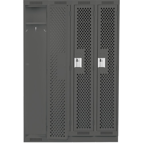 Clean Line Lockers, Bank of 4, 48" x 15" x 76", Steel, Charcoal, Rivet (Assembled), Perforated Cam Industrial