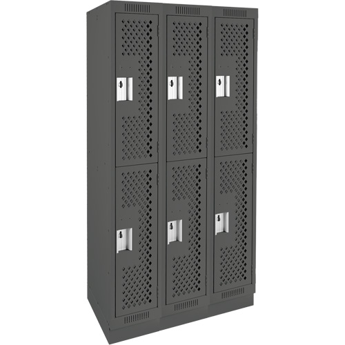 Clean Line Lockers, 2 -tier, Bank of 3, 36" x 12" x 76", Steel, Charcoal, Rivet (Assembled), Perforated Cam Industrial