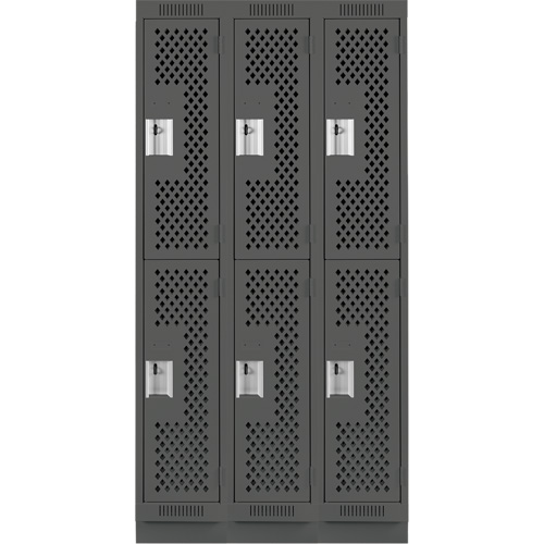 Clean Line Lockers, 2 -tier, Bank of 3, 36" x 12" x 76", Steel, Charcoal, Rivet (Assembled), Perforated Cam Industrial
