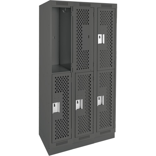 Clean Line Lockers, 2 -tier, Bank of 3, 36" x 12" x 76", Steel, Charcoal, Rivet (Assembled), Perforated Cam Industrial