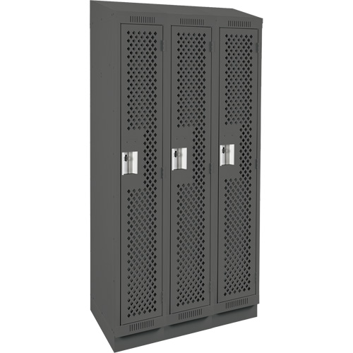Clean Line Lockers, Bank of 3, 36" x 18" x 82", Steel, Charcoal, Rivet (Assembled), Perforated Cam Industrial