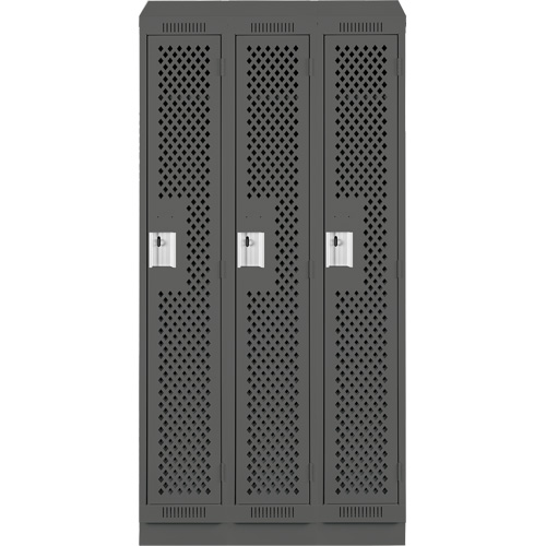 Clean Line Lockers, Bank of 3, 36" x 18" x 82", Steel, Charcoal, Rivet (Assembled), Perforated Cam Industrial