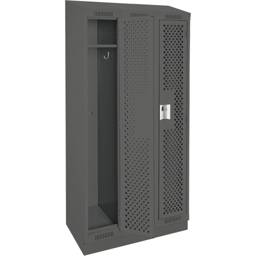 Clean Line Lockers, Bank of 3, 36" x 18" x 82", Steel, Charcoal, Rivet (Assembled), Perforated Cam Industrial