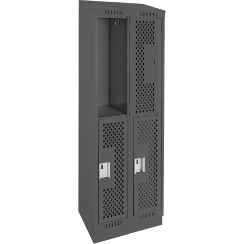 Clean Line Lockers, 2 -tier, Bank of 2, 24" x 18" x 82", Steel, Charcoal, Rivet (Assembled), Perforated Cam Industrial