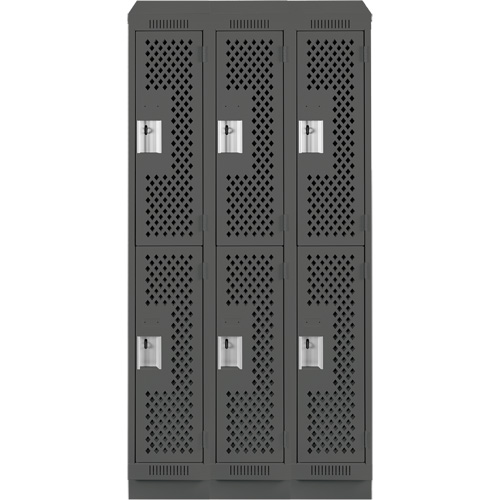 Clean Line Lockers, 2 -tier, Bank of 3, 36" x 18" x 82", Steel, Charcoal, Rivet (Assembled), Perforated Cam Industrial