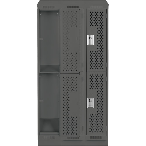Clean Line Lockers, 2 -tier, Bank of 3, 36" x 18" x 82", Steel, Charcoal, Rivet (Assembled), Perforated Cam Industrial