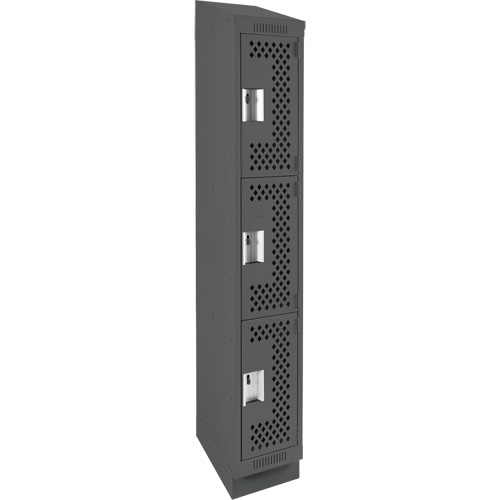 Clean Line Lockers, 3 -tier, 12" x 18" x 82", Steel, Charcoal, Rivet (Assembled), Perforated Cam Industrial