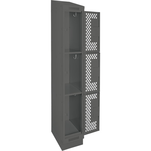 Clean Line Lockers, 3 -tier, 12" x 18" x 82", Steel, Charcoal, Rivet (Assembled), Perforated Cam Industrial