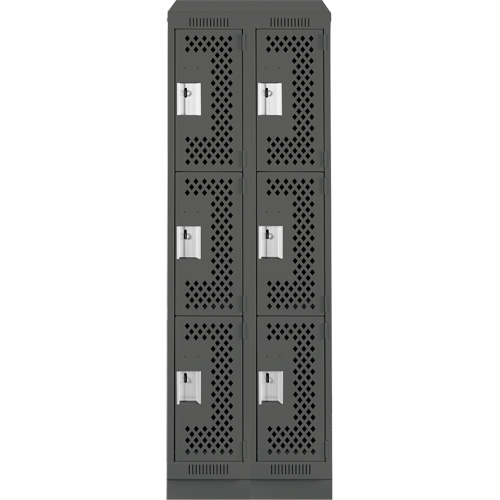 Clean Line Lockers, 3 -tier, Bank of 2, 24" x 18" x 82", Steel, Charcoal, Rivet (Assembled), Perforated Cam Industrial