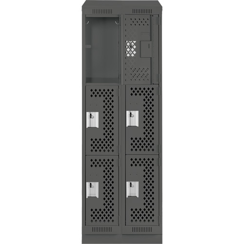Clean Line Lockers, 3 -tier, Bank of 2, 24" x 18" x 82", Steel, Charcoal, Rivet (Assembled), Perforated Cam Industrial
