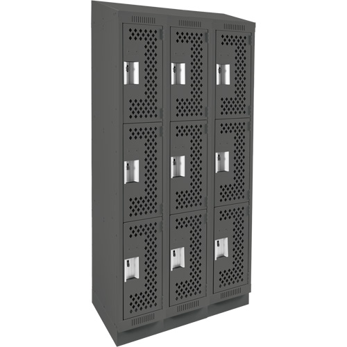 Clean Line Lockers, 3 -tier, Bank of 3, 36" x 18" x 82", Steel, Charcoal, Rivet (Assembled), Perforated Cam Industrial