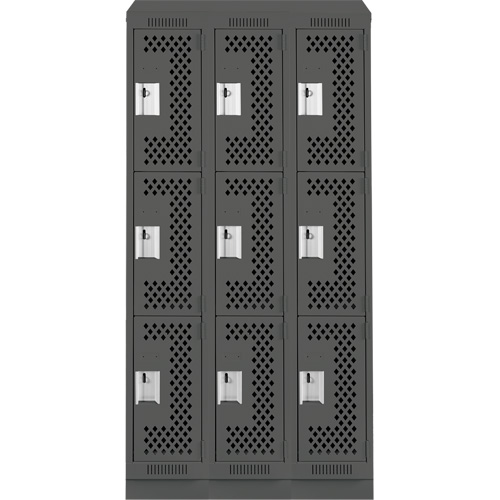Clean Line Lockers, 3 -tier, Bank of 3, 36" x 18" x 82", Steel, Charcoal, Rivet (Assembled), Perforated Cam Industrial