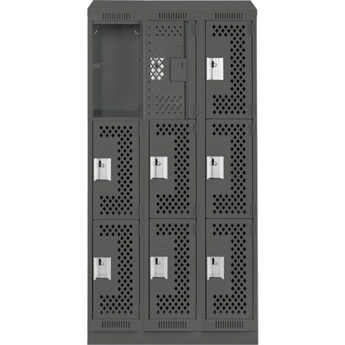Clean Line Lockers, 3 -tier, Bank of 3, 36" x 18" x 82", Steel, Charcoal, Rivet (Assembled), Perforated Cam Industrial