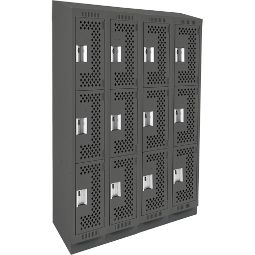 Clean Line Lockers, 3 -tier, Bank of 4, 48" x 18" x 82", Steel, Charcoal, Rivet (Assembled), Perforated Cam Industrial
