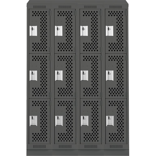 Clean Line Lockers, 3 -tier, Bank of 4, 48" x 18" x 82", Steel, Charcoal, Rivet (Assembled), Perforated Cam Industrial