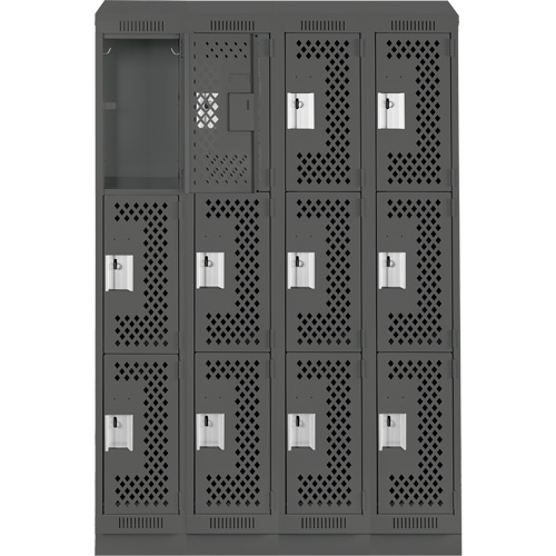 Clean Line Lockers, 3 -tier, Bank of 4, 48" x 18" x 82", Steel, Charcoal, Rivet (Assembled), Perforated Cam Industrial
