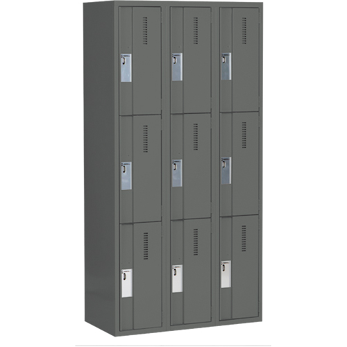 Concorde Heavy-Duty Lockers, 3 -tier, Bank of 3, 36" x 18" x 72", Steel, Charcoal, Welded (Assembled) Cam Industrial