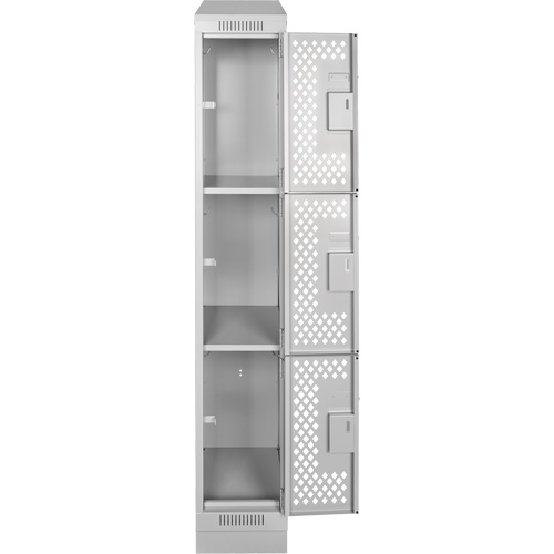 Clean Line Lockers, 3 -tier, 12" x 12" x 72", Steel, Grey, Rivet (Assembled), Perforated Cam Industrial