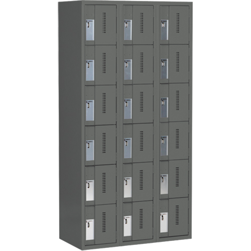 Concorde Heavy-Duty Lockers, 6 -tier, Bank of 3, 36" x 18" x 72", Steel, Charcoal, Welded (Assembled) Cam Industrial