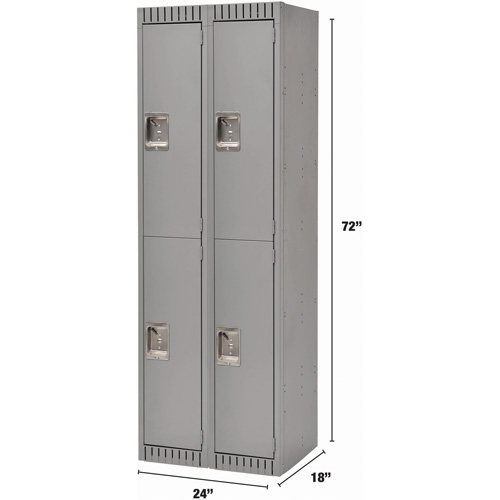 Lockers, 2 -tier, Bank of 2, 24" x 18" x 72", Steel, Grey, Knocked Down Cam Industrial
