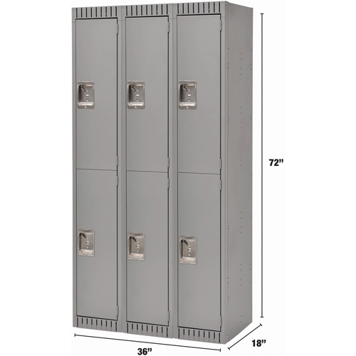 Lockers, 2 -tier, Bank of 3, 36" x 18" x 72", Steel, Grey, Knocked Down Cam Industrial