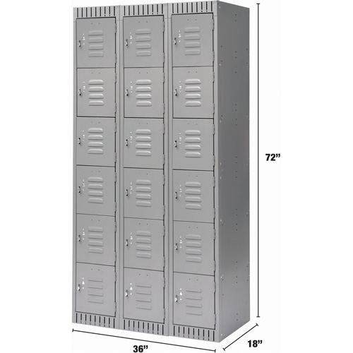Lockers, 6 -tier, Bank of 3, 36" x 18" x 72", Steel, Grey, Knocked Down Cam Industrial