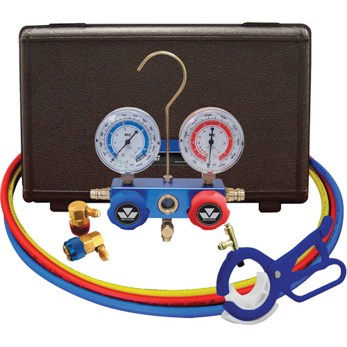 Automotive R134A 2-Way Manifold Gauge Set with 3-In-1 Side Mount Can Tap Valve Cam Industrial