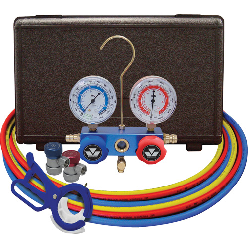 Dual Manifold Gauge Set with Manual Couplers & 3-in-1 Side Mount Can Tap Valve Cam Industrial