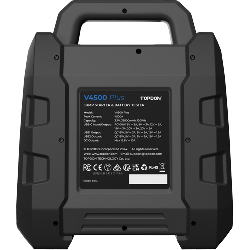 V4500 2-en-1: d&eacute;marreur de secours de 4500 A de pointe, batterie & testeur de syst&egrave;me Cam Industrial