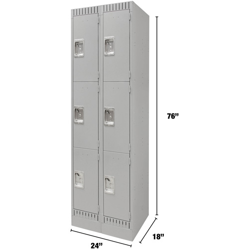 Lockers, 3 -tier, Bank of 2, 24" x 18" x 76", Steel, Grey, Knocked Down Cam Industrial