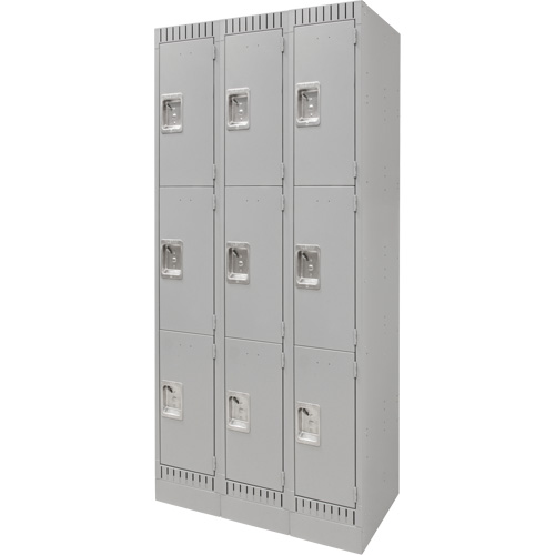Lockers, 3 -tier, Bank of 3, 36" x 18" x 76", Steel, Grey, Knocked Down Cam Industrial