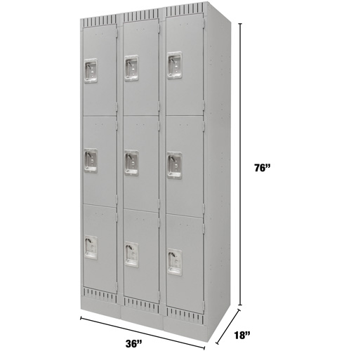 Lockers, 3 -tier, Bank of 3, 36" x 18" x 76", Steel, Grey, Knocked Down Cam Industrial