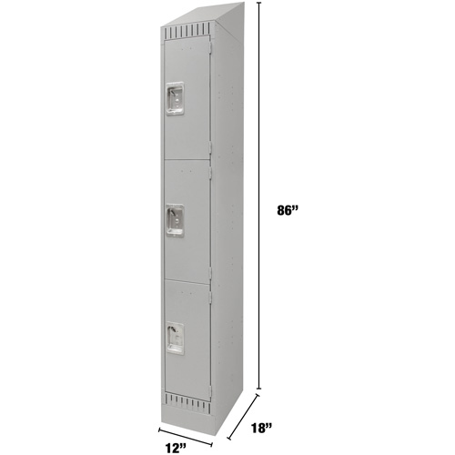 Lockers, 3 -tier, 12" x 18" x 86", Steel, Grey, Knocked Down Cam Industrial