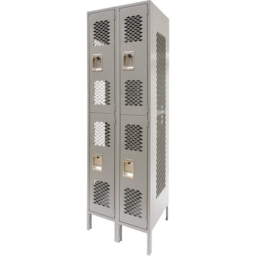 Vented Lockers, 2 -tier, Bank of 2, 24" x 18" x 78", Steel, Grey, Knocked Down, Perforated Cam Industrial