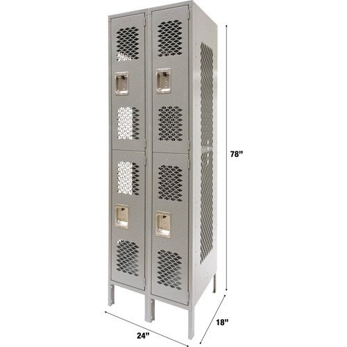 Vented Lockers, 2 -tier, Bank of 2, 24" x 18" x 78", Steel, Grey, Knocked Down, Perforated Cam Industrial