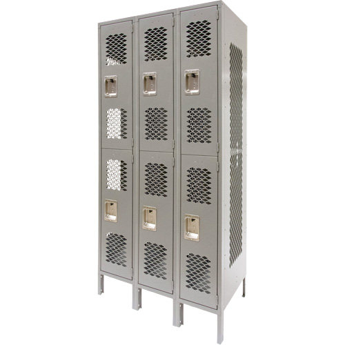 Casiers ventil&eacute;s, 2 niveaux, Bloc de 3, 36" x 18" x 78", Acier, Gris, D&eacute;mont&eacute;, Perfor&eacute; Cam Industrial