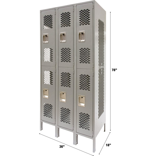 Casiers ventil&eacute;s, 2 niveaux, Bloc de 3, 36" x 18" x 78", Acier, Gris, D&eacute;mont&eacute;, Perfor&eacute; Cam Industrial