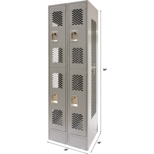 Vented Lockers, 2 -tier, Bank of 2, 24" x 18" x 78", Steel, Grey, Knocked Down, Perforated Cam Industrial