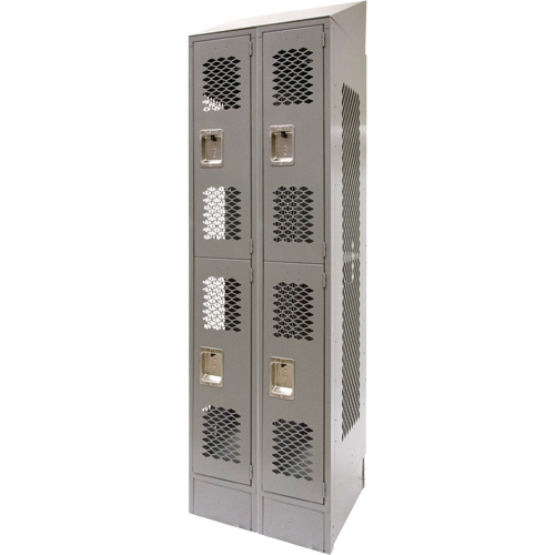 Vented Lockers, 2 -tier, Bank of 2, 24" x 18" x 88", Steel, Grey, Knocked Down, Perforated Cam Industrial