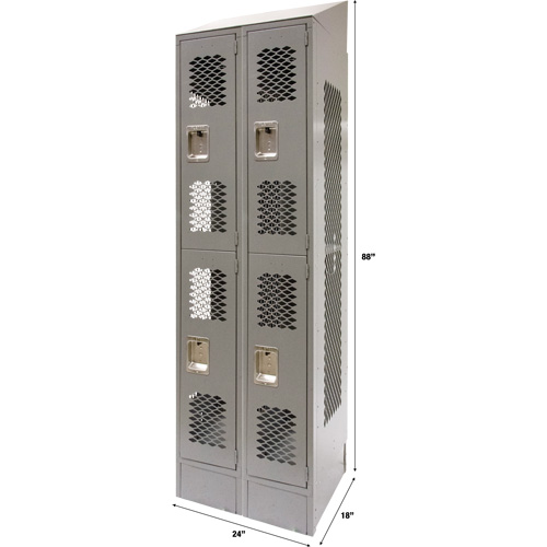 Vented Lockers, 2 -tier, Bank of 2, 24" x 18" x 88", Steel, Grey, Knocked Down, Perforated Cam Industrial