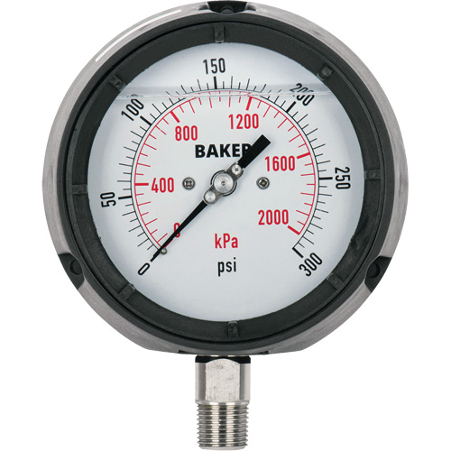 Pressure Gauge, 4-1/2" , 0 - 15 psi/0 - 100 kPa, Bottom Mount, Liquid Filled Analogue Cam Industrial