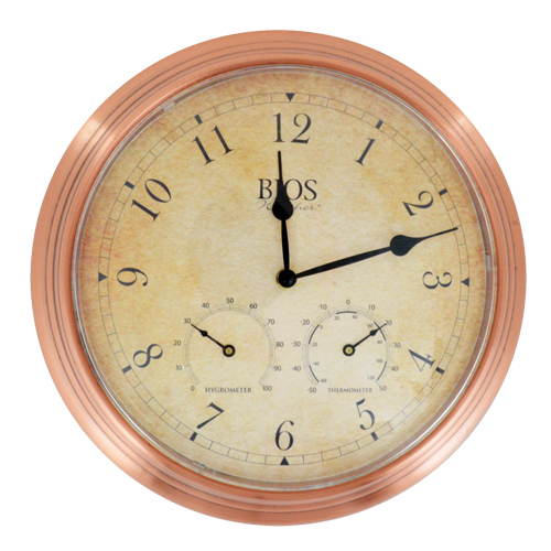 3-in-1 Outdoor Clock, Analog, Battery Operated, 14" Dia., Brown Cam Industrial