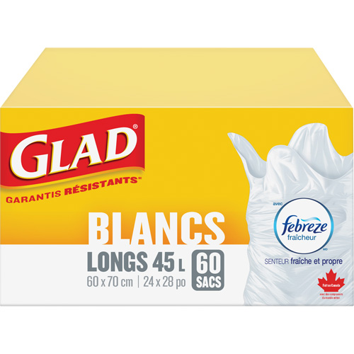 Sacs &agrave; ordures hauts 45 L avec Febreze, R&eacute;gulier, 24" la x 28" lo, Blanc Cam Industrial
